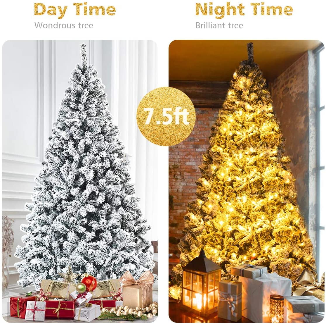 Gymax Green Unlit Snow Flocked Hinged Full Artificial Holiday Décor Christmas Tree, 9'