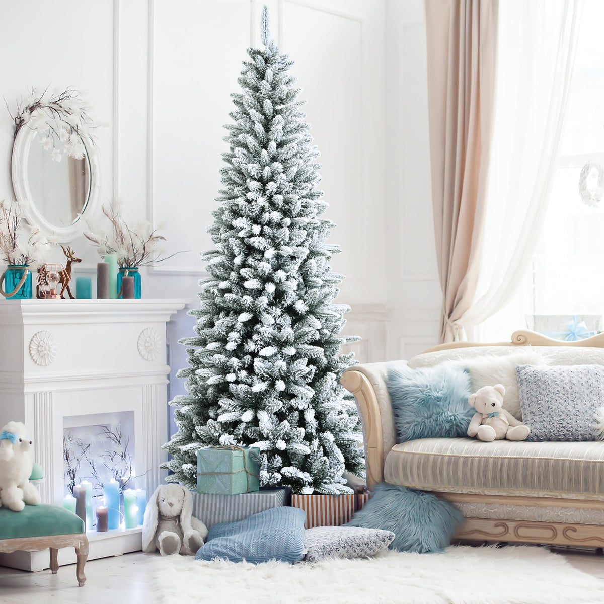 Gymax Green Snow Flocked Slim Pencil Unlit Artificial Christmas Tree, 7.5'