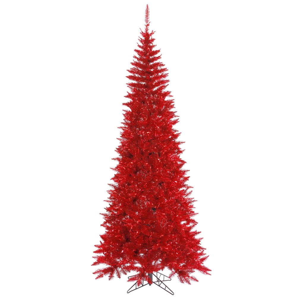 Vickerman 6.5' Tinsel Red Fir Slim Artificial Christmas Tree, Unlit - Faux Red Christmas Tree - Seasonal Indoor Home Decor
