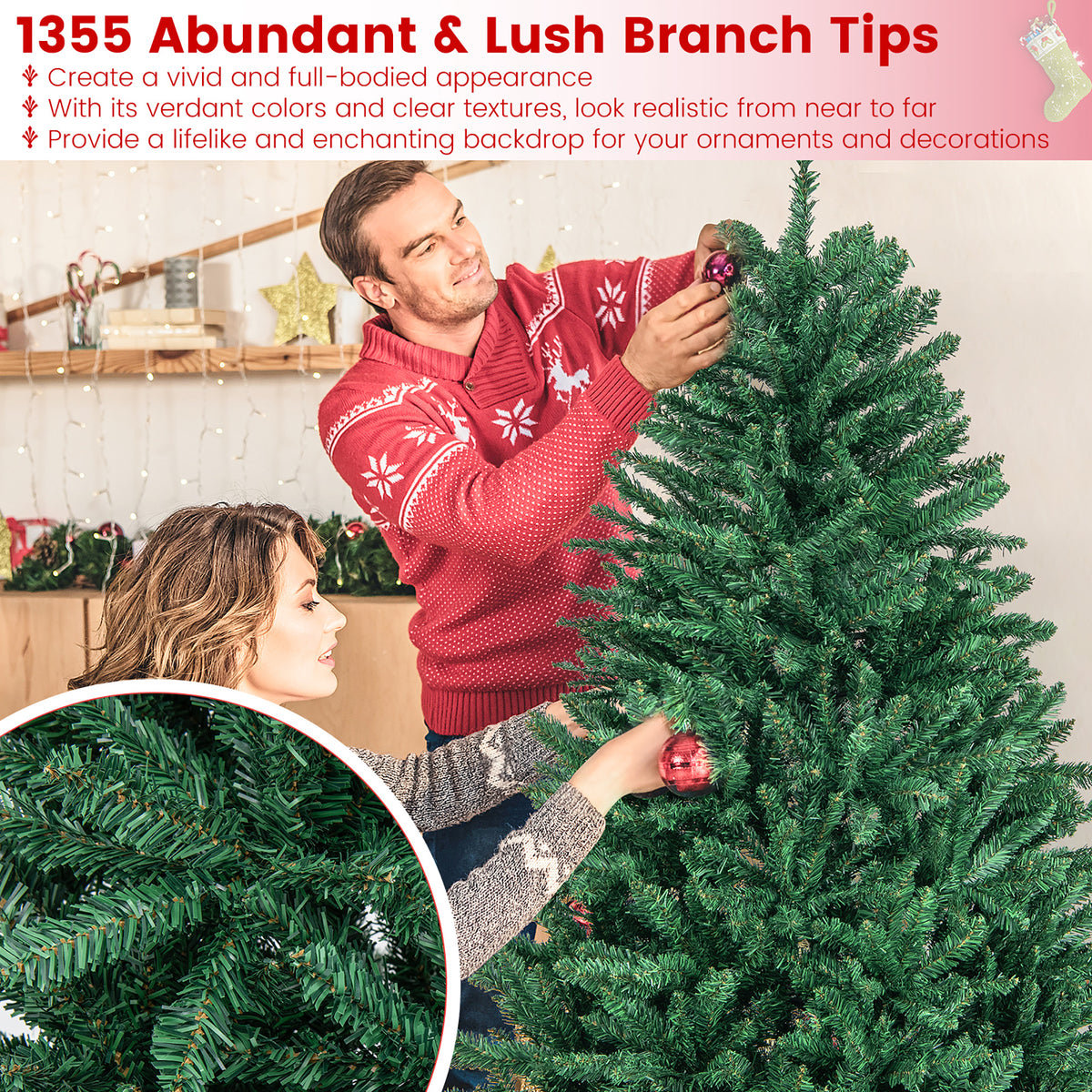 Gymax 7.5 FT Artificial Christmas Tree Hinged Christmas Tree w/ 2254 Lush Branch Tips