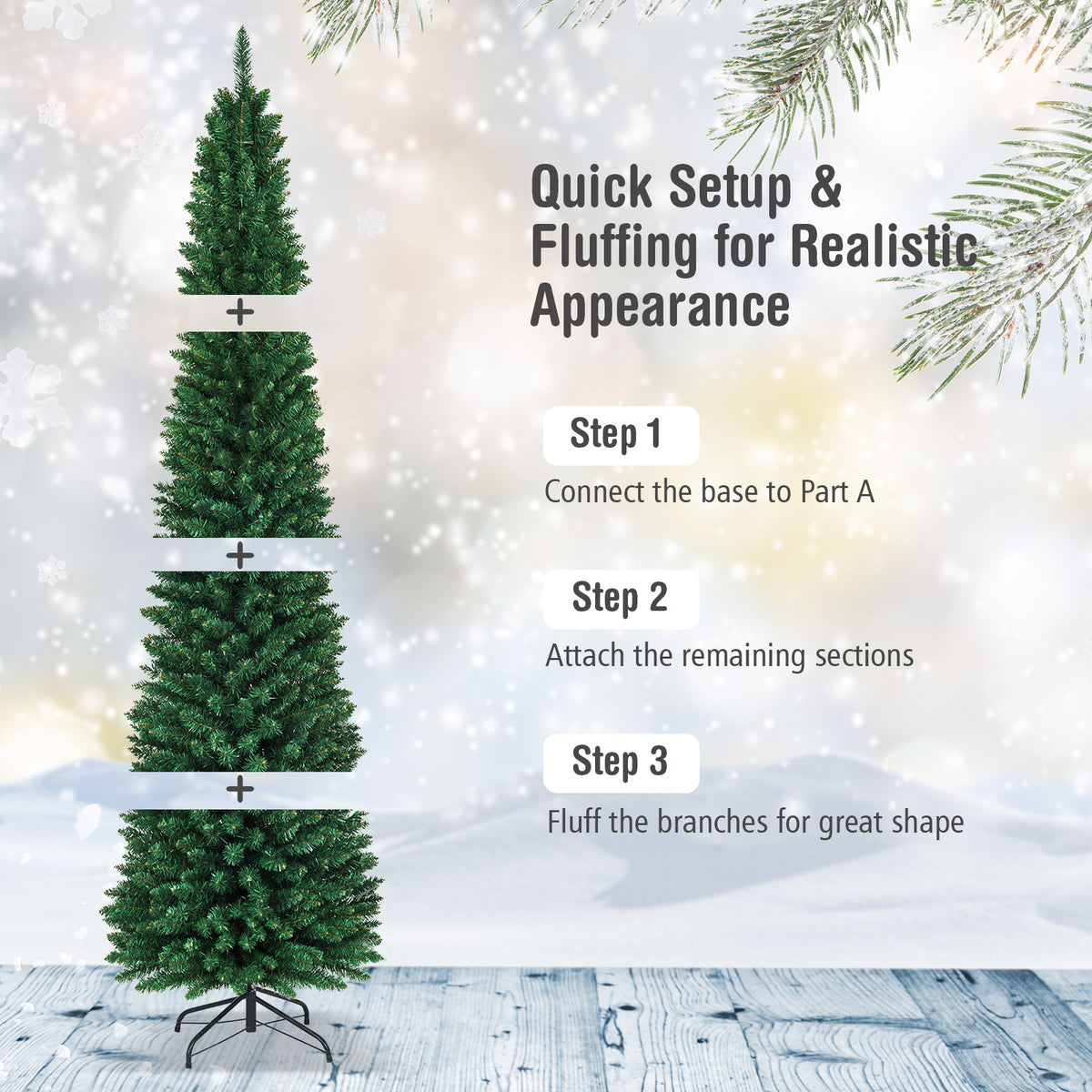 Gymax 9' PVC Artificial Christmas Tree Holiday Decor Slim Pencil Tree Metal Stand