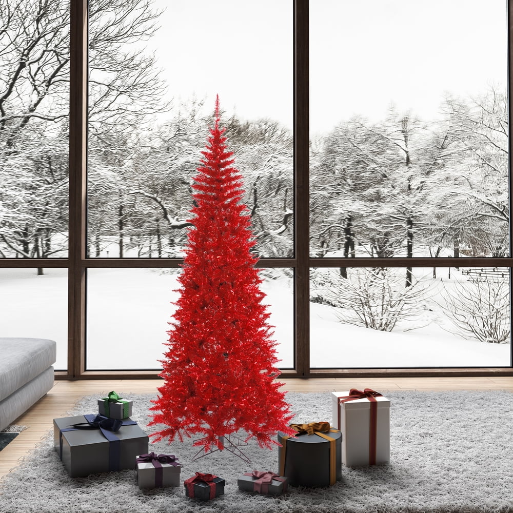 Vickerman 6.5' Tinsel Red Fir Slim Artificial Christmas Tree, Unlit - Faux Red Christmas Tree - Seasonal Indoor Home Decor