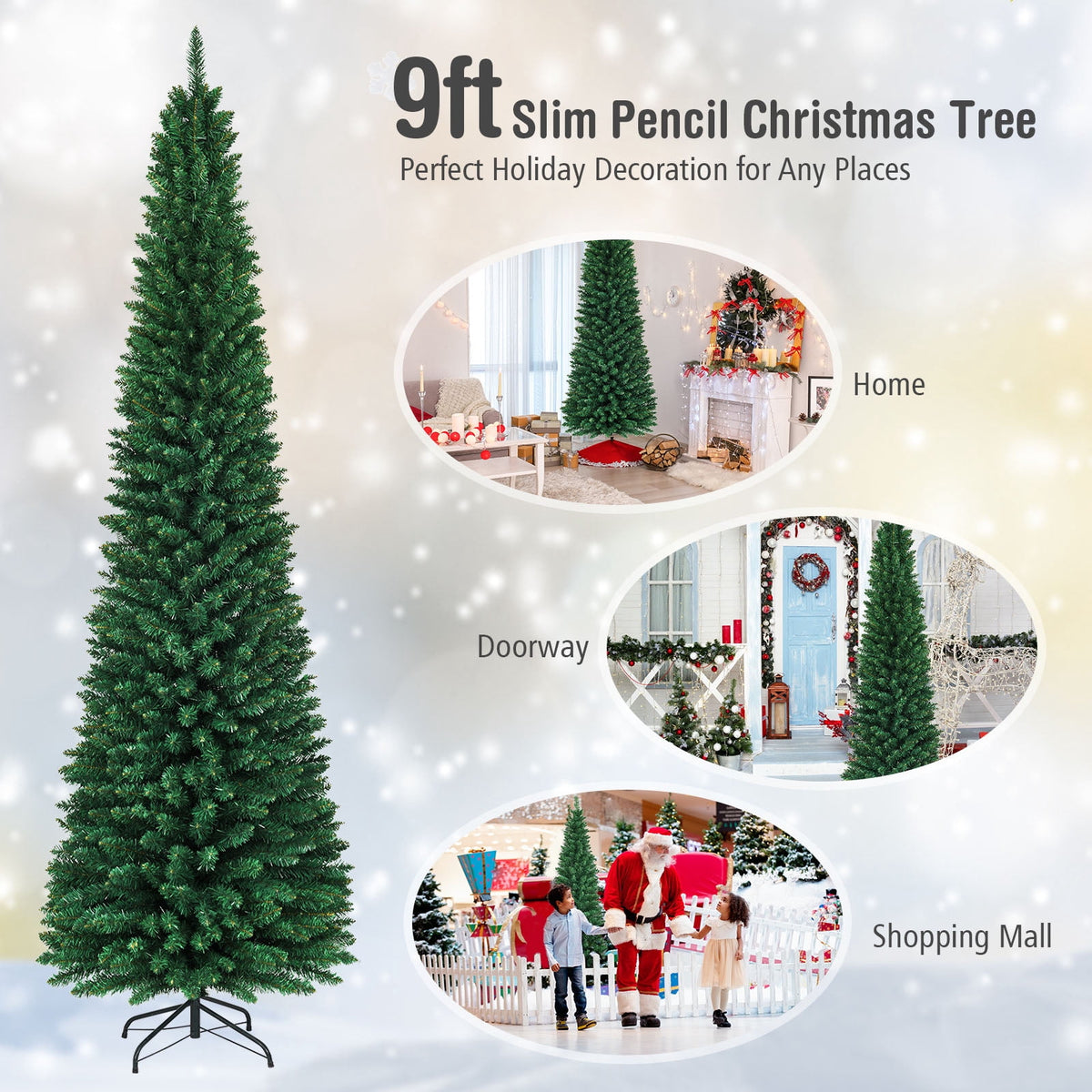 Gymax 9' PVC Artificial Christmas Tree Holiday Decor Slim Pencil Tree Metal Stand