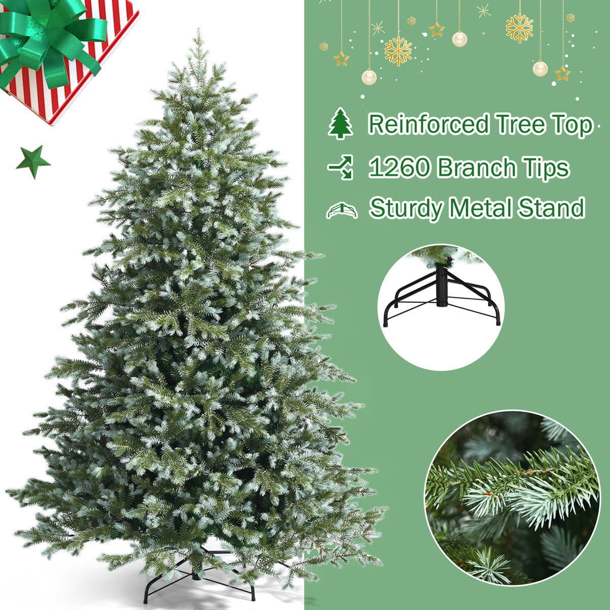 Gymax Green Hinged Full Hinged Artificial Christmas Tree, with Metal Stand 7'